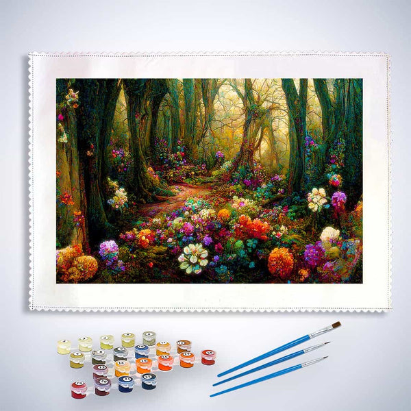 Paint by Numbers - Enchanting Forest with Colorful Flowers Kit Including Brushes and Paints
