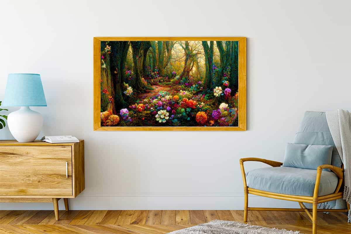 Malen nach Zahlen - Blumenwald painting on living room wall, featuring a vibrant forest filled with colorful flowers.