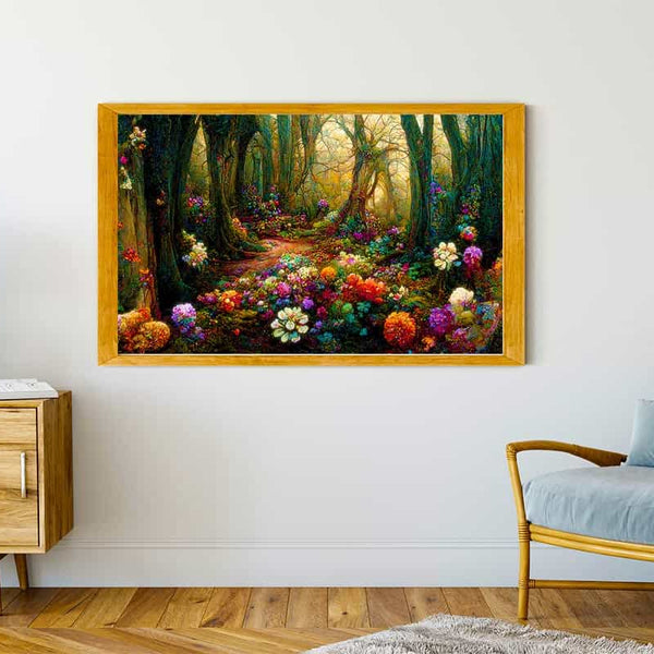 Malen nach Zahlen - Blumenwald painting on living room wall, featuring a vibrant forest filled with colorful flowers.