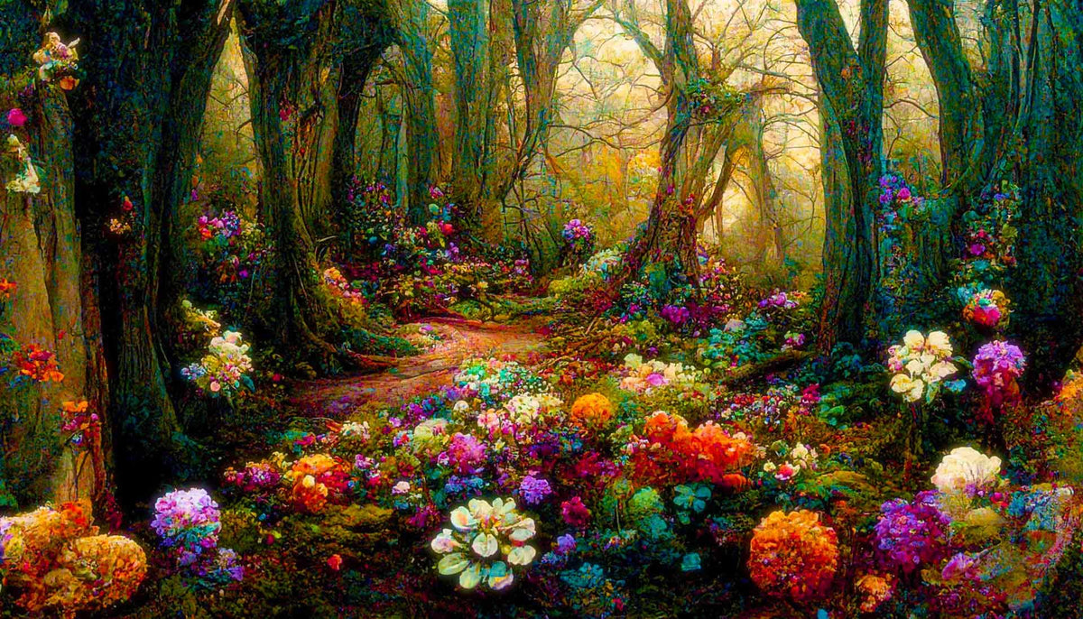 Enchanting forest filled with colorful flowers in Malen nach Zahlen - Blumenwald painting kit.