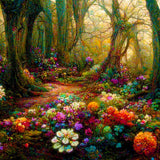 Enchanting forest filled with colorful flowers in Malen nach Zahlen - Blumenwald painting kit.