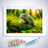 Malen nach Zahlen Chamäleon in grünem Wald mit Farben und Pinseln