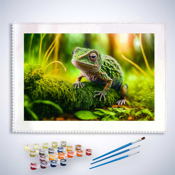 Malen nach Zahlen Chamäleon in grünem Wald mit Farben und Pinseln