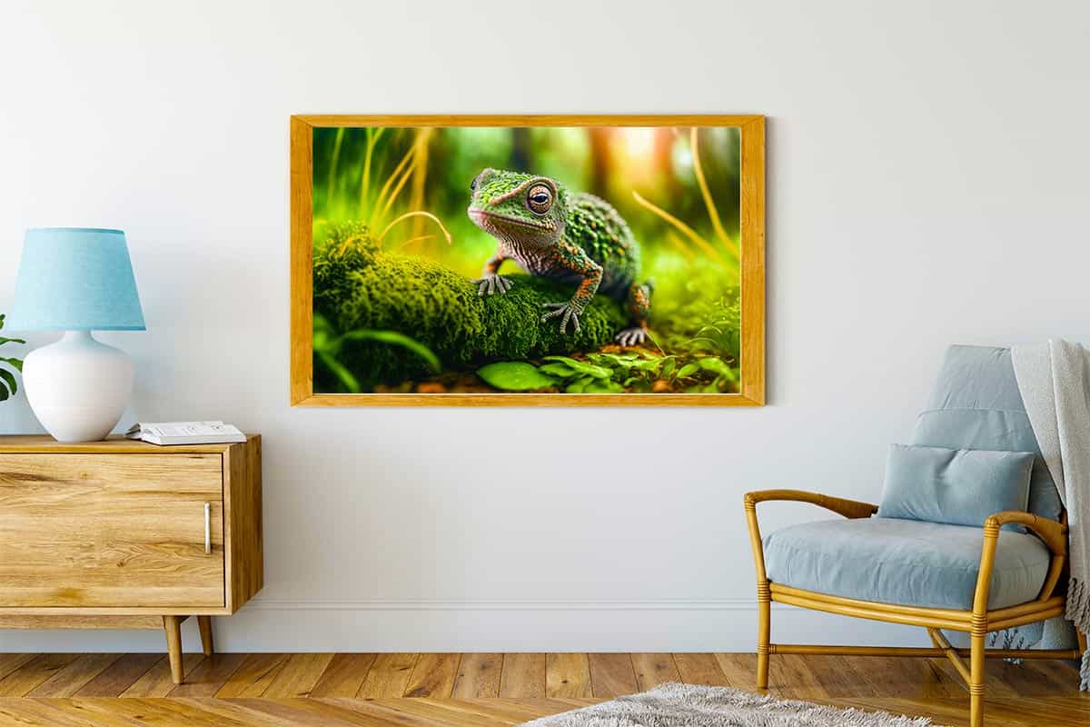 Malen nach Zahlen Gemälde eines grünen Chamäleons an der Wand, eingerahmt im Wohnzimmer neben einem Sessel und einer Kommode.