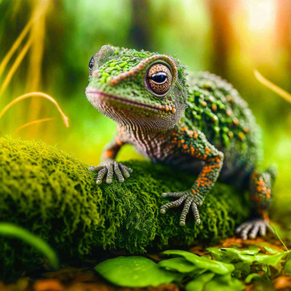 Green chameleon on mossy branch in vibrant forest background for paint-by-numbers relaxation activity.