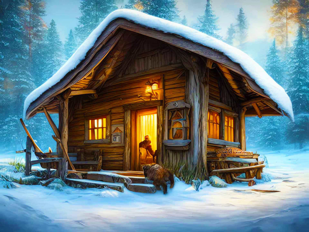 Snow-covered cabin in winter forest with warm light glowing from windows and a person entering the home, creating a cozy atmosphere.