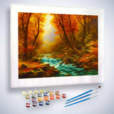 Malen nach Zahlen - Wilder Fluss im Herbst mit Farben und Pinseln