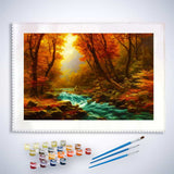 Malen nach Zahlen - Wilder Fluss im Herbst Set mit Farben und Pinseln, beruhigende Herbstlandschaft mit fließendem Wasser und bunten Bäumen