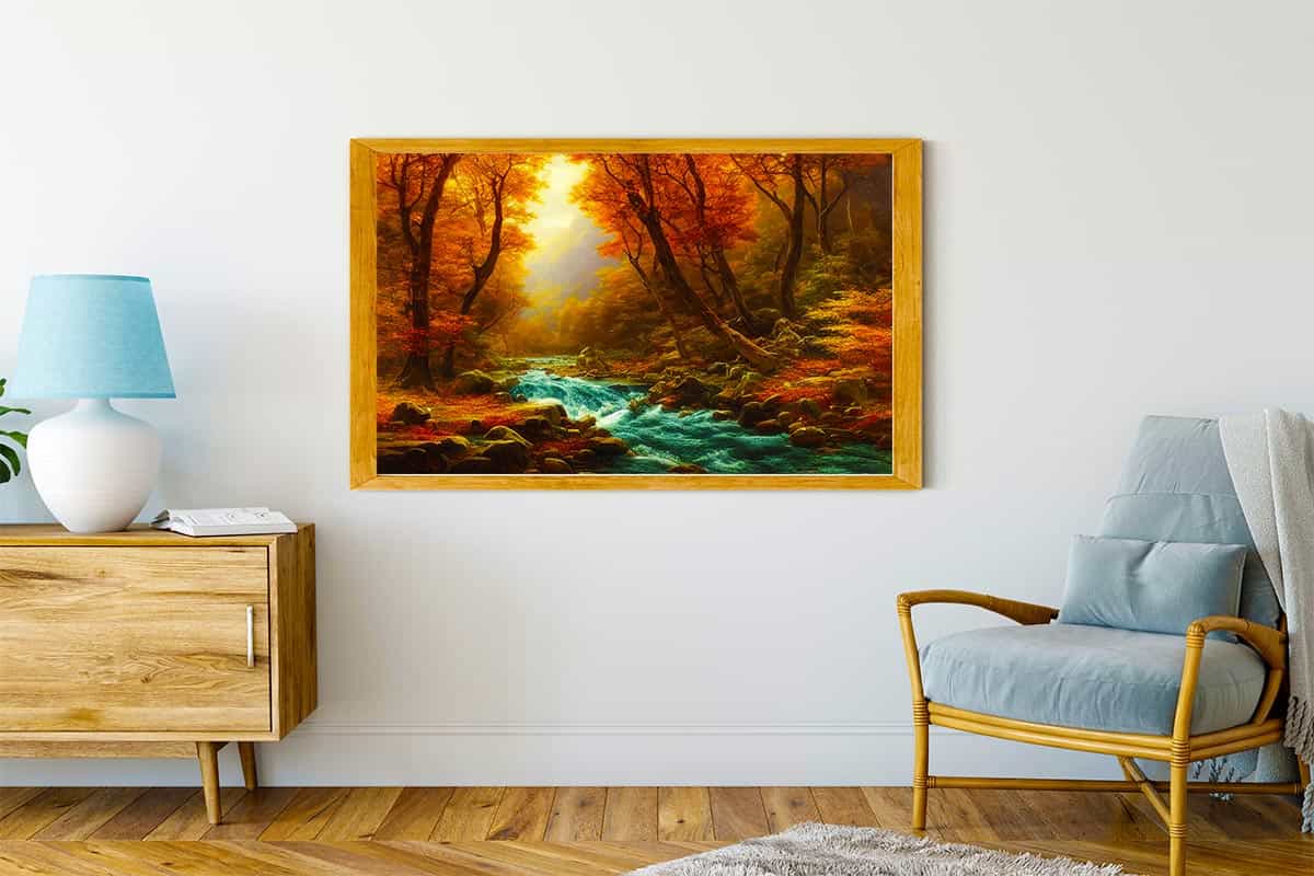 Malen nach Zahlen - Wilder Fluss im Herbst Gemälde in einem gemütlichen Wohnzimmer mit Natur- und Herbstfarben.