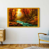 Malen nach Zahlen - Wilder Fluss im Herbst Gemälde in einem gemütlichen Wohnzimmer mit Natur- und Herbstfarben.