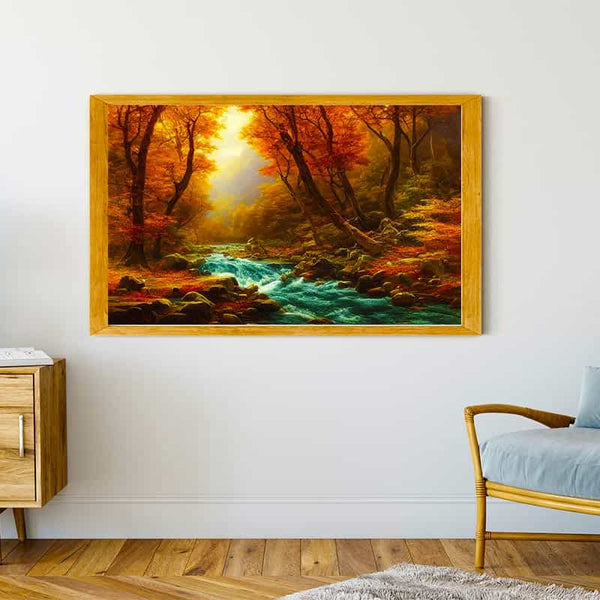 Malen nach Zahlen - Wilder Fluss im Herbst Gemälde in einem gemütlichen Wohnzimmer mit Natur- und Herbstfarben.
