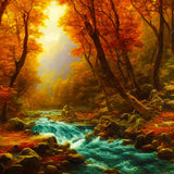 Scenic autumn forest with a wild river flowing among colorful leaves and rocks