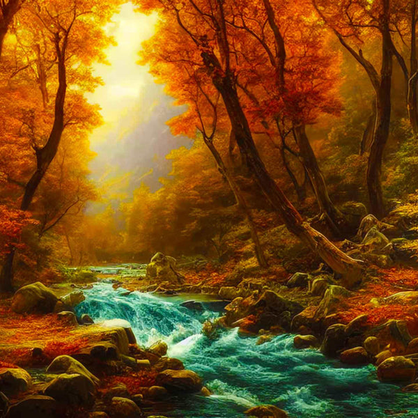 Scenic autumn forest with a wild river flowing among colorful leaves and rocks