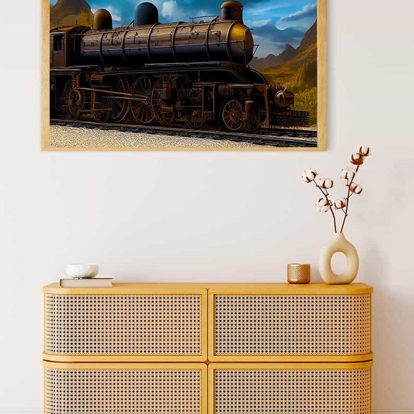 Painting of a prairie locomotive hanging above a modern wooden chest of drawers in a minimalist room decor setting.
