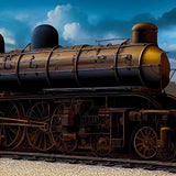 Vintage steam locomotive in prairie landscape painting.