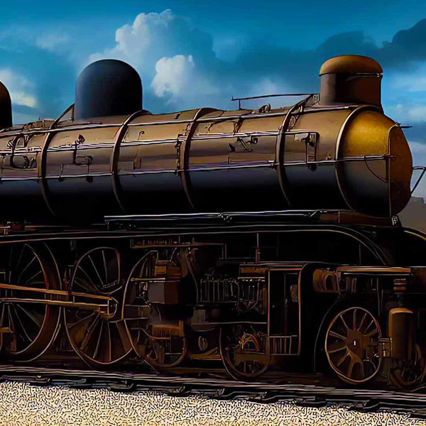 Vintage steam locomotive in prairie landscape painting.