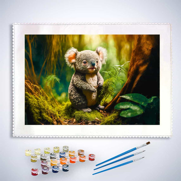 Malen nach Zahlen Set mit Koalabär im Wald Motiv, inklusive Farben und Pinseln für entspanntes Malen.