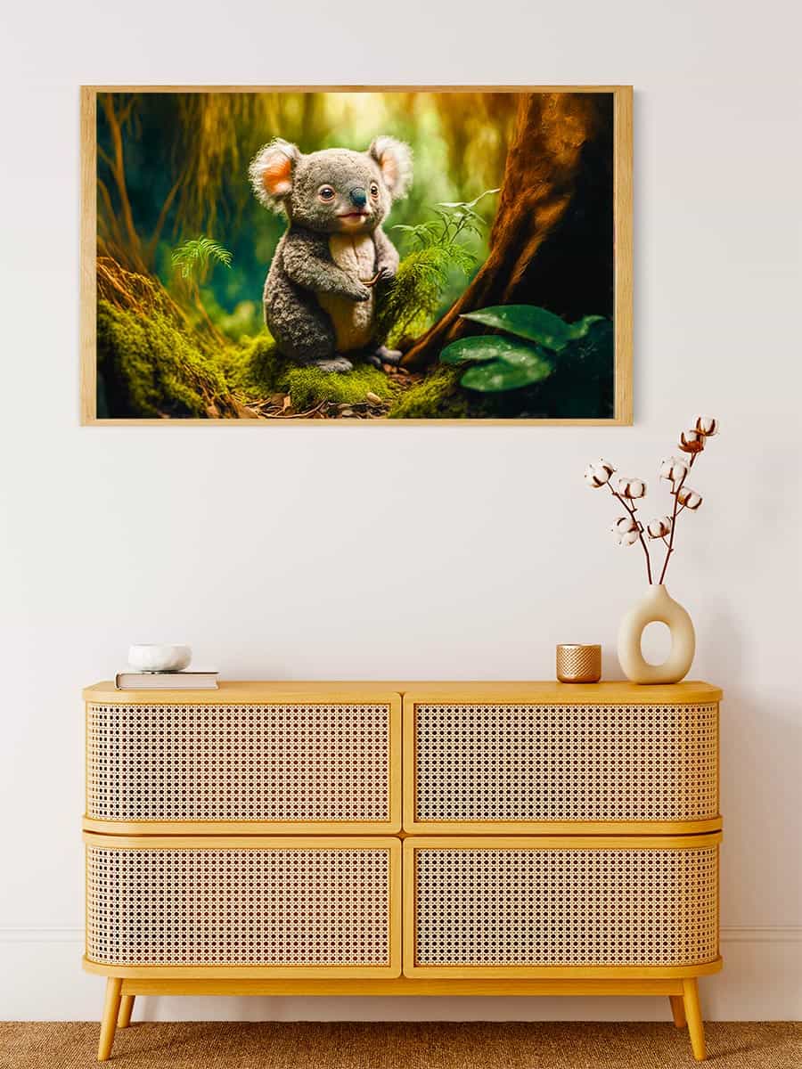 Painting of a koala in a forest hung above a rattan cabinet adorned with minimalistic decor objects.