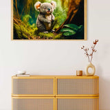 Painting of a koala in a forest hung above a rattan cabinet adorned with minimalistic decor objects.