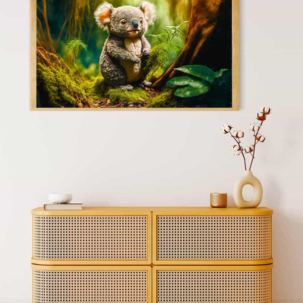 Painting of a koala in a forest hung above a rattan cabinet adorned with minimalistic decor objects.