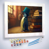 Painting by numbers kit featuring a penguin in a hat with books in the background. Includes paint pots and brushes. Relaxing painting activity.