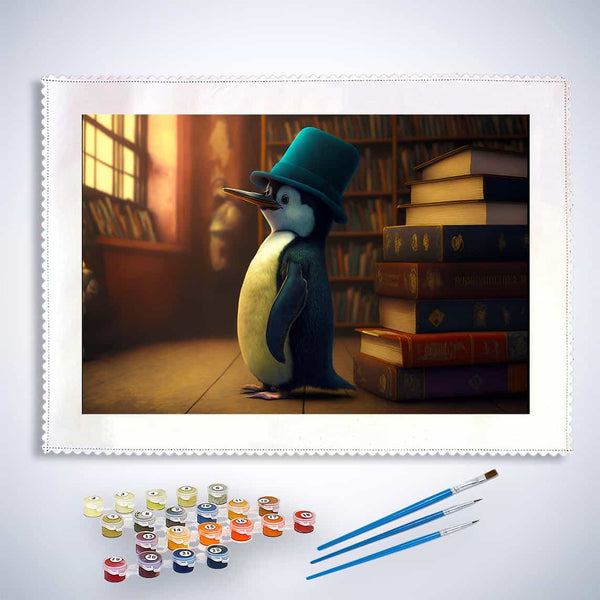 Painting by Numbers Kit - Penguin with Hat, Complete Set with Brushes and Paints for Relaxation and Creativity