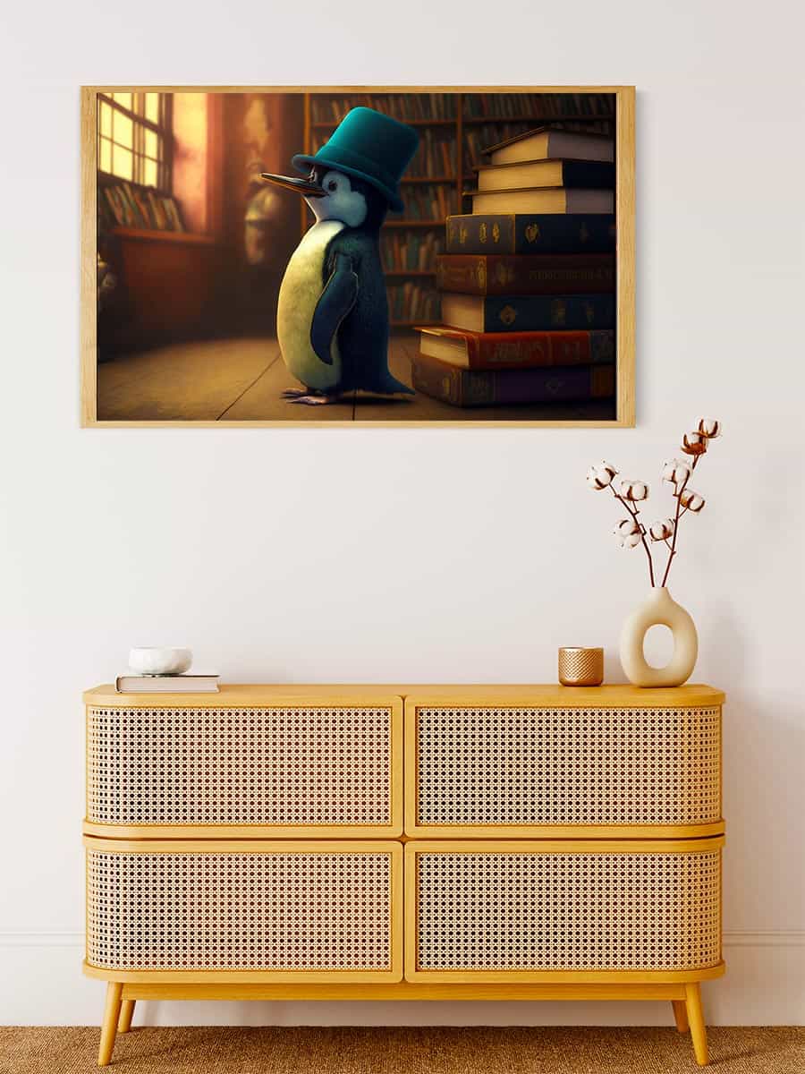 Painting by numbers - Penguin wearing a hat in a cozy room, displayed above a modern woven cabinet.
