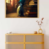 Painting by numbers - Penguin wearing a hat in a cozy room, displayed above a modern woven cabinet.