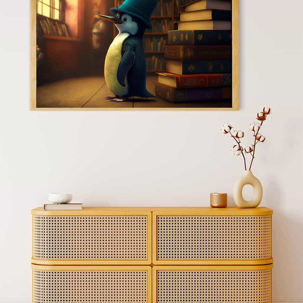 Painting by numbers - Penguin wearing a hat in a cozy room, displayed above a modern woven cabinet.