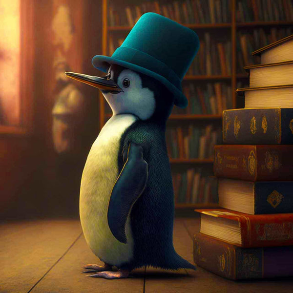 Penguin wearing a hat standing next to a stack of books in a cozy library, part of a Malen nach Zahlen painting set.
