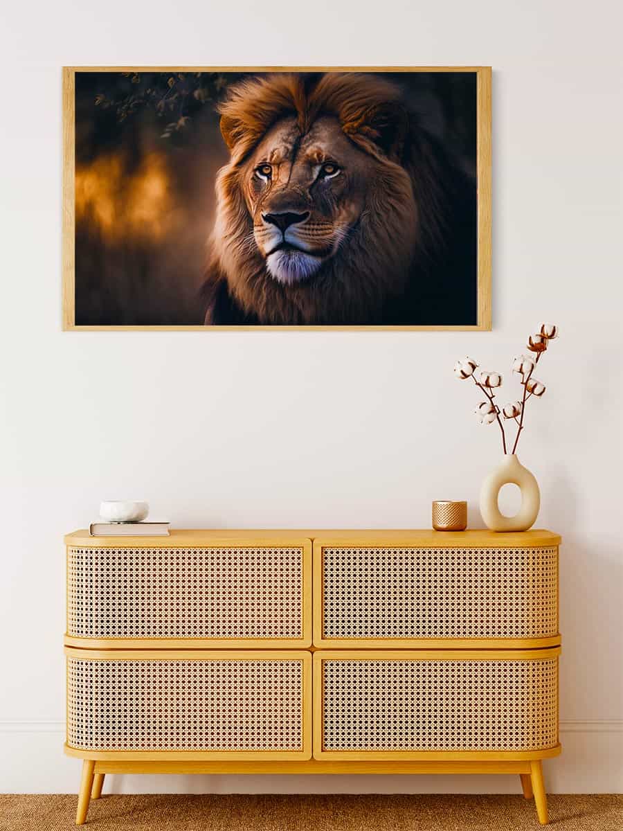 Painting by numbers kit featuring a stunning lion displayed above a modern rattan dresser.