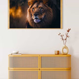 Painting by numbers kit featuring a stunning lion displayed above a modern rattan dresser.