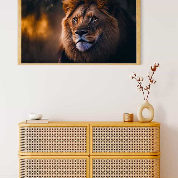 Painting by numbers kit featuring a stunning lion displayed above a modern rattan dresser.