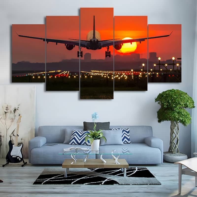 Malen nach Zahlen 5 teilig - Flugzeug hebt ab in den Sonnenuntergang - hochwertige Leinwand - multi5, neue_bilder