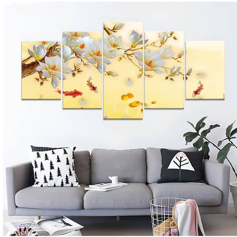 Malen nach Zahlen 5 teilig - Gelber Koi Teich mit Blumenpracht - hochwertige Leinwand - multi5, neue_bilder