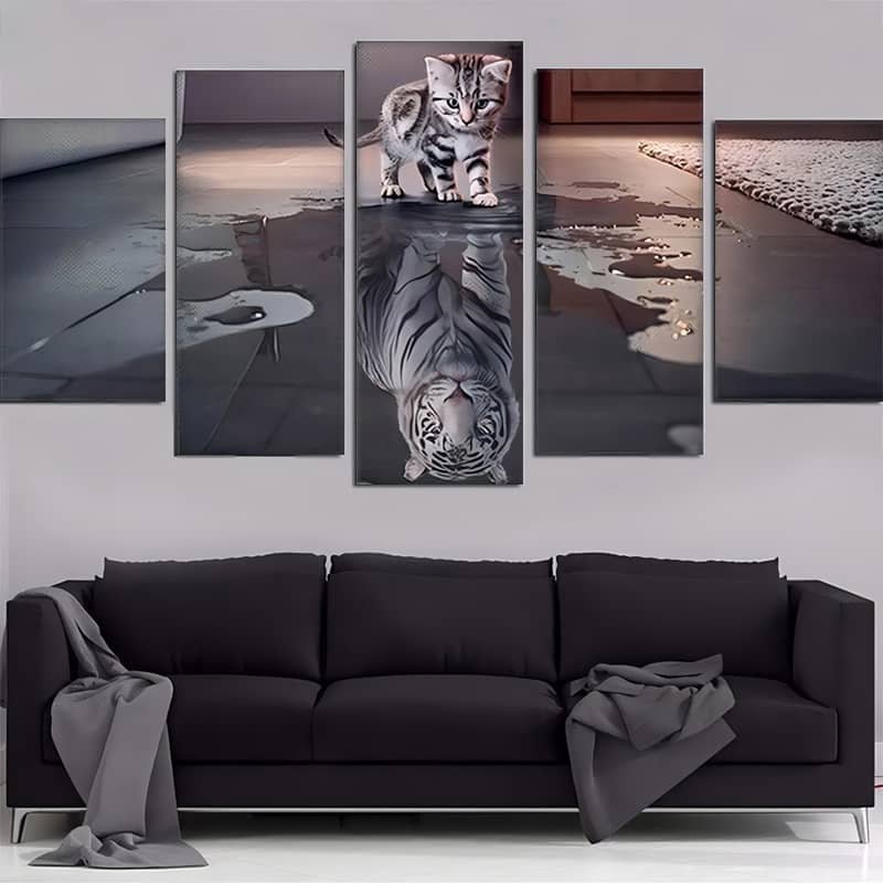 Malen nach Zahlen 5 teilig - Kleine Katze, Weißer Tiger, Spiegelbild in Schwarz und Weiß - hochwertige Leinwand - multi5, neue_bilder