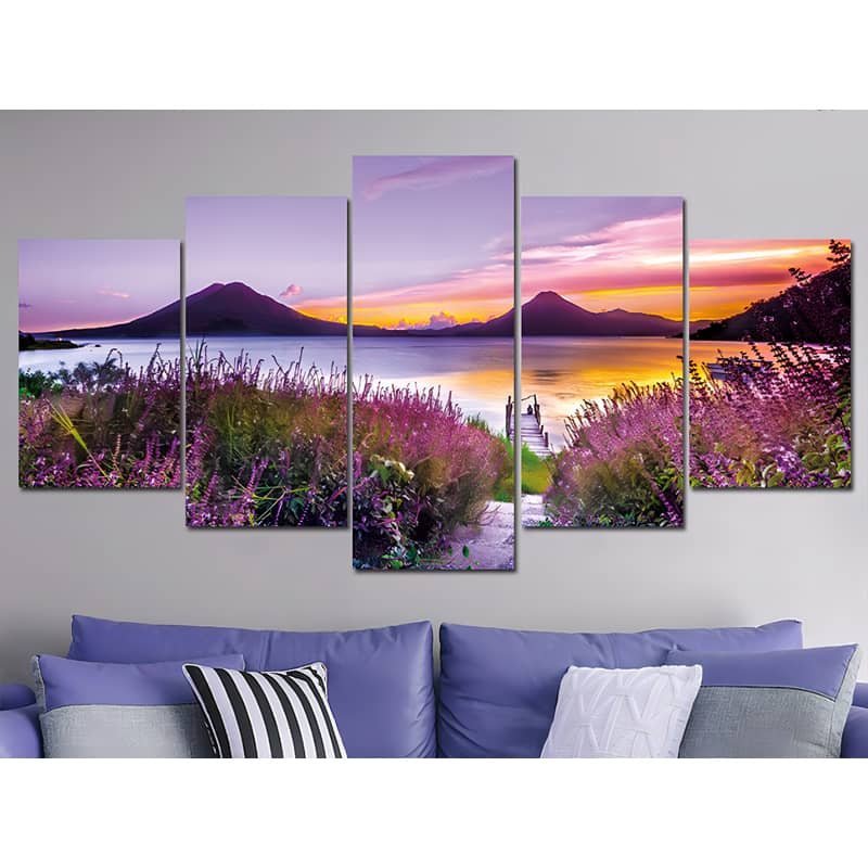 Malen nach Zahlen 5 teilig - Lavendelfeld am Bergsee, Sonnenuntergang - hochwertige Leinwand - multi5, neue_bilder