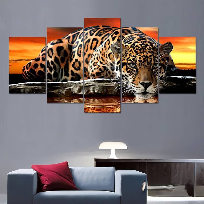 Malen nach Zahlen 5 teilig - Liegender Leopard, vor dem Sonnenuntergang - hochwertige Leinwand - multi5, neue_bilder