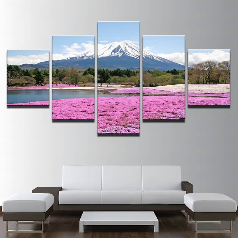 Malen nach Zahlen 5 teilig - Pinke Blumen vor Vulkan und Wald - hochwertige Leinwand - multi5, neue_bilder