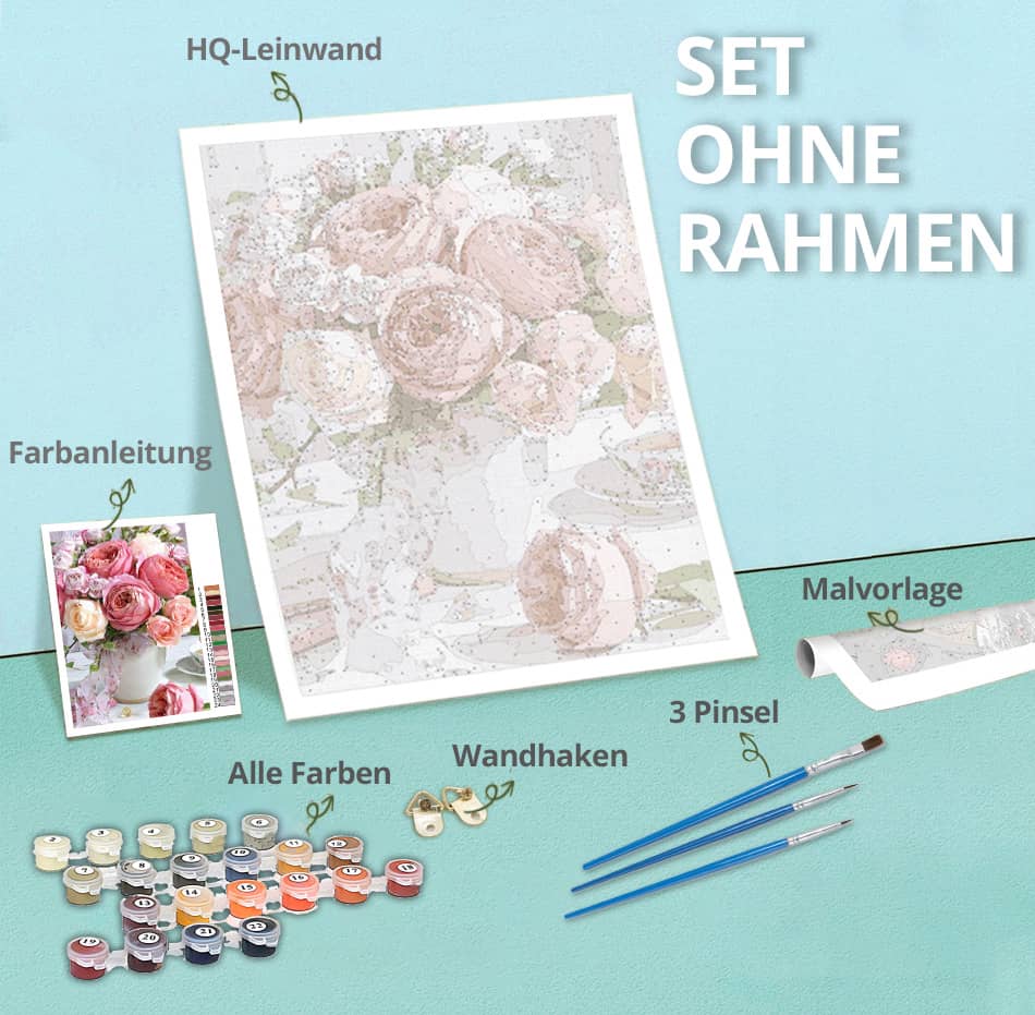 Malen-nach-Zahlen-Set „Blumenstrauß“ mit Leinwand, Farben, Pinseln und Anleitung, ohne Rahmen, vor hellblauem Hintergrund