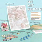 Diamond painting set with frame, including canvas, color guide, paint pots, brushes, hanging hooks, and DIY assembly instructions.
