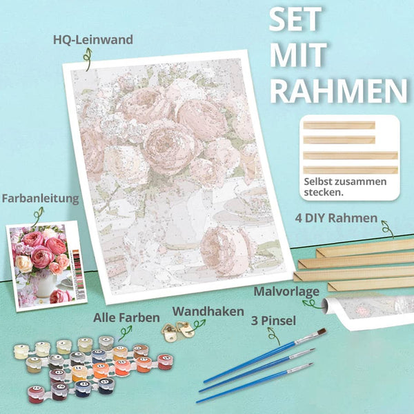 Diamond painting set with frame, including canvas, color guide, paint pots, brushes, hanging hooks, and DIY assembly instructions.
