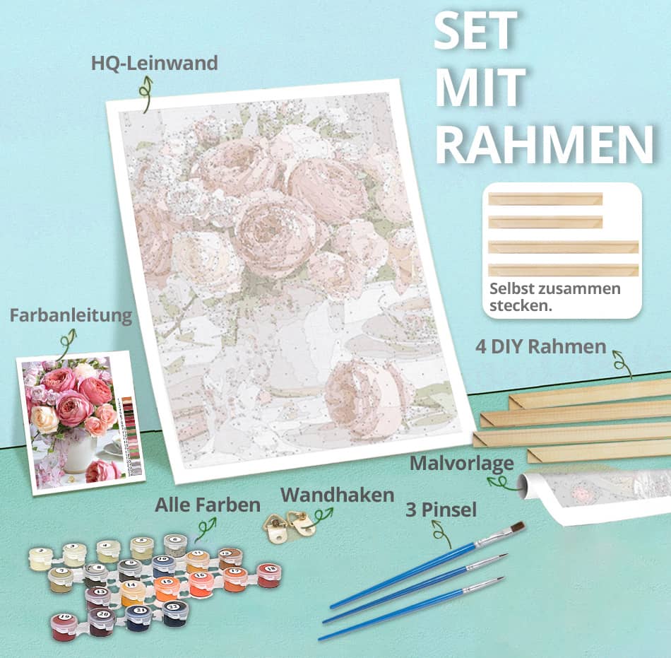 Malen nach Zahlen Set mit Rahmen, HQ-Leinwand, Farbanleitung, Farben, Wandhaken und Pinseln für DIY Kunstprojekte.