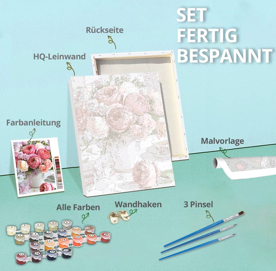 "Diamond painting kit with canvas, color guide, paints, hooks, and brushes fully prepared for use."