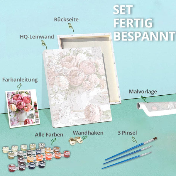 "Diamond painting kit with canvas, color guide, paints, hooks, and brushes fully prepared for use."