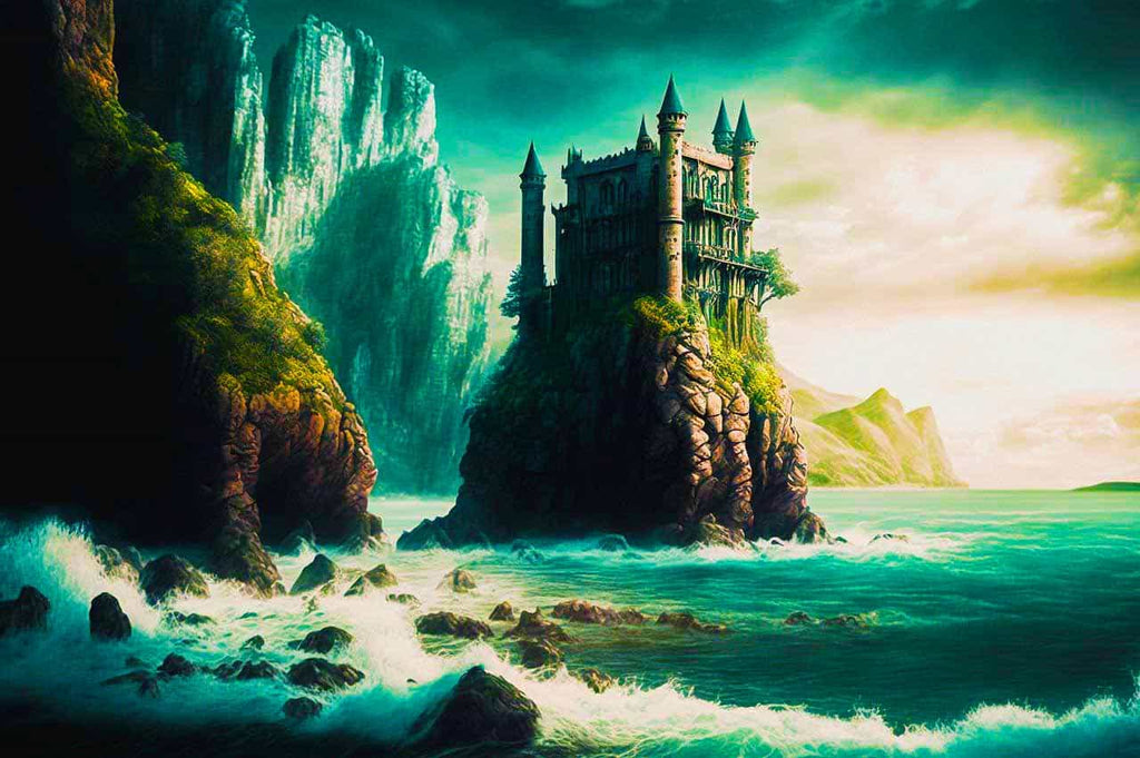 Painting of a magical castle on rocky cliffs surrounded by crashing waves and lush greenery lit by a serene, dramatic sky.