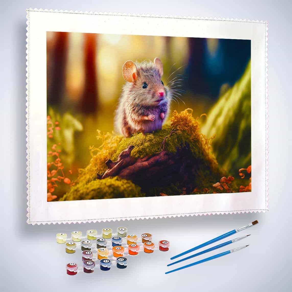 Paint by Numbers kit featuring a woodland mouse on moss with paintbrushes and color paint pots included
