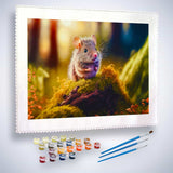 Paint by Numbers kit featuring a woodland mouse on moss with paintbrushes and color paint pots included