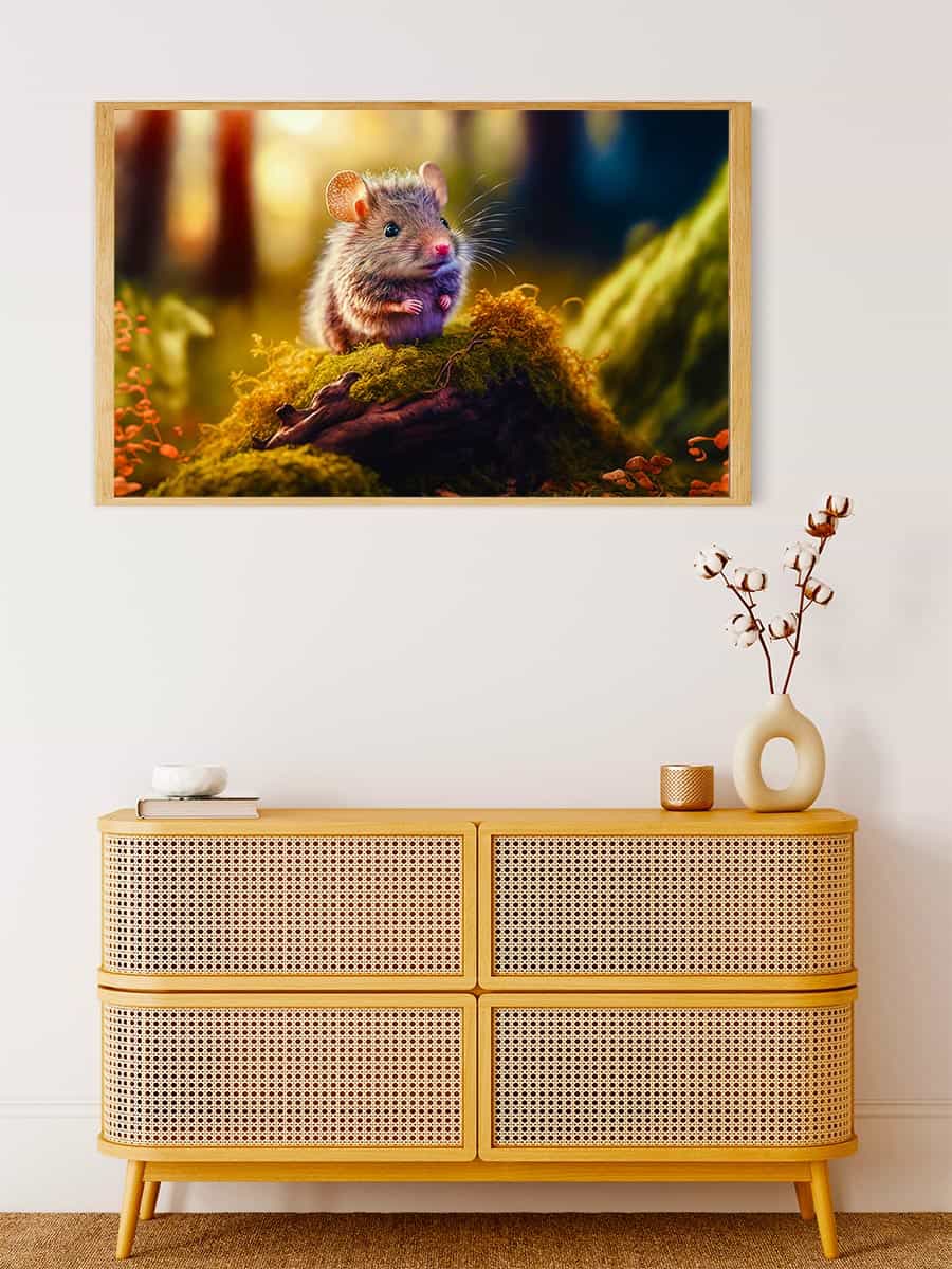 Framed painting of a forest mouse on a wall above a wicker cabinet with decorative items.