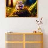 Framed painting of a forest mouse on a wall above a wicker cabinet with decorative items.